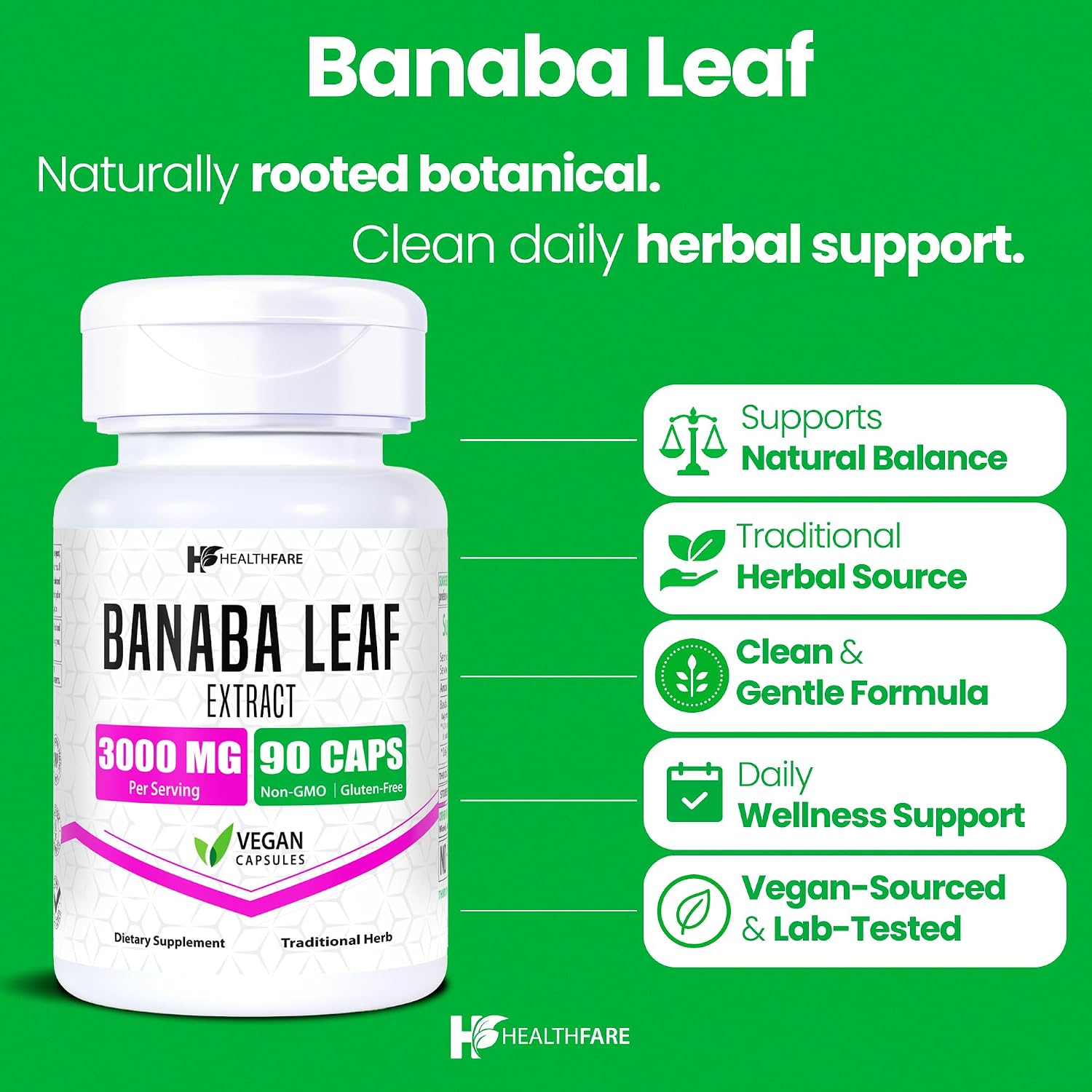Healthfare - Extracto de Hoja de Banaba 3000mg - 90 Cápsulas Veganas - Estandarizado con Ácido Corsólico