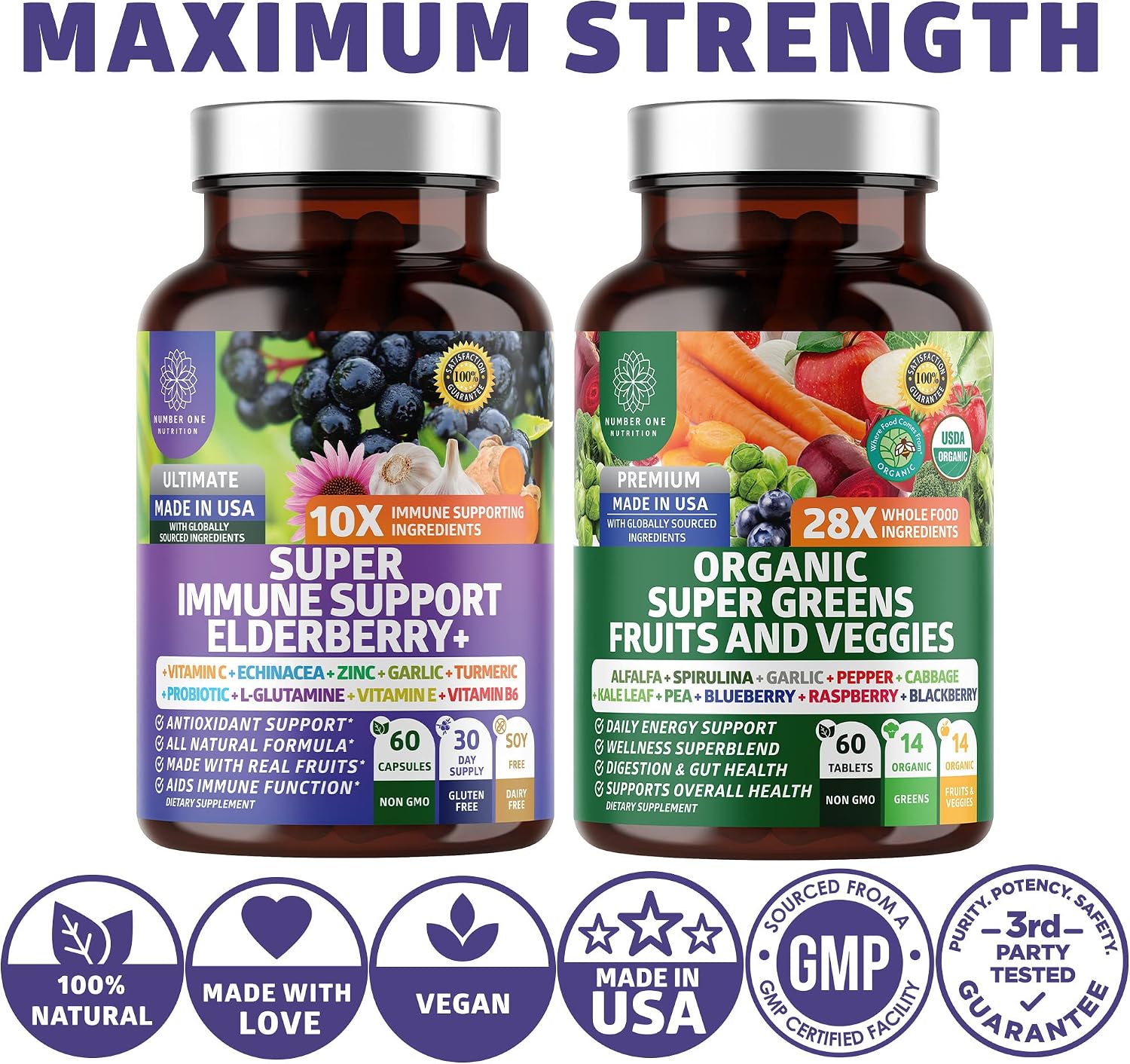 N1N Premium Organic Super Fruits & Veggies + Immune Support - 120 Cápsulas