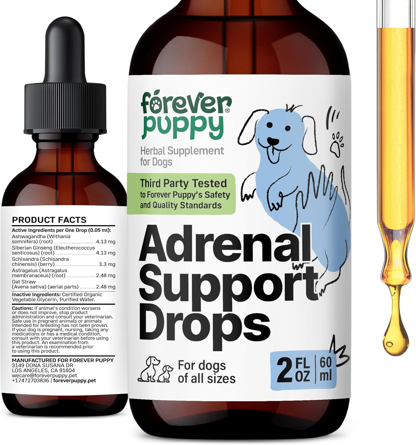 Forever Puppy Adrenal Support Drops para Perros - Gotas de Ashwagandha y Ginseng para Apoyo Adrenal y Energía - Suplemento Líquido Calmante - 60 ml