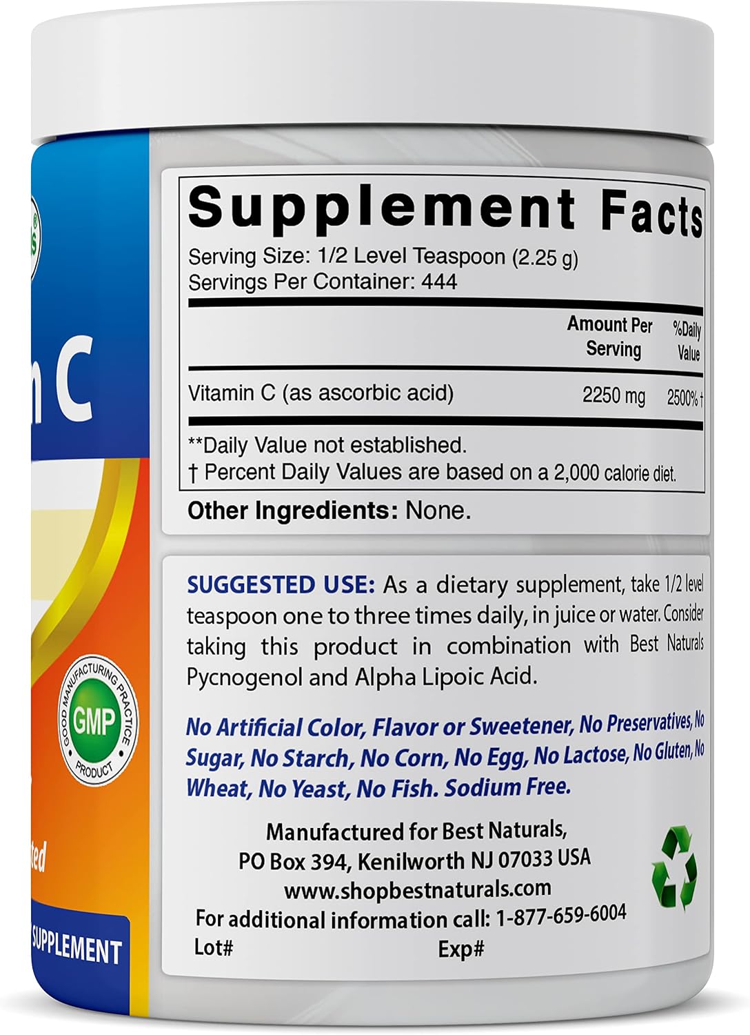 Best Naturals Vitamina C Pura en Polvo 100% - 454 g (1 lb) - Pack de 3