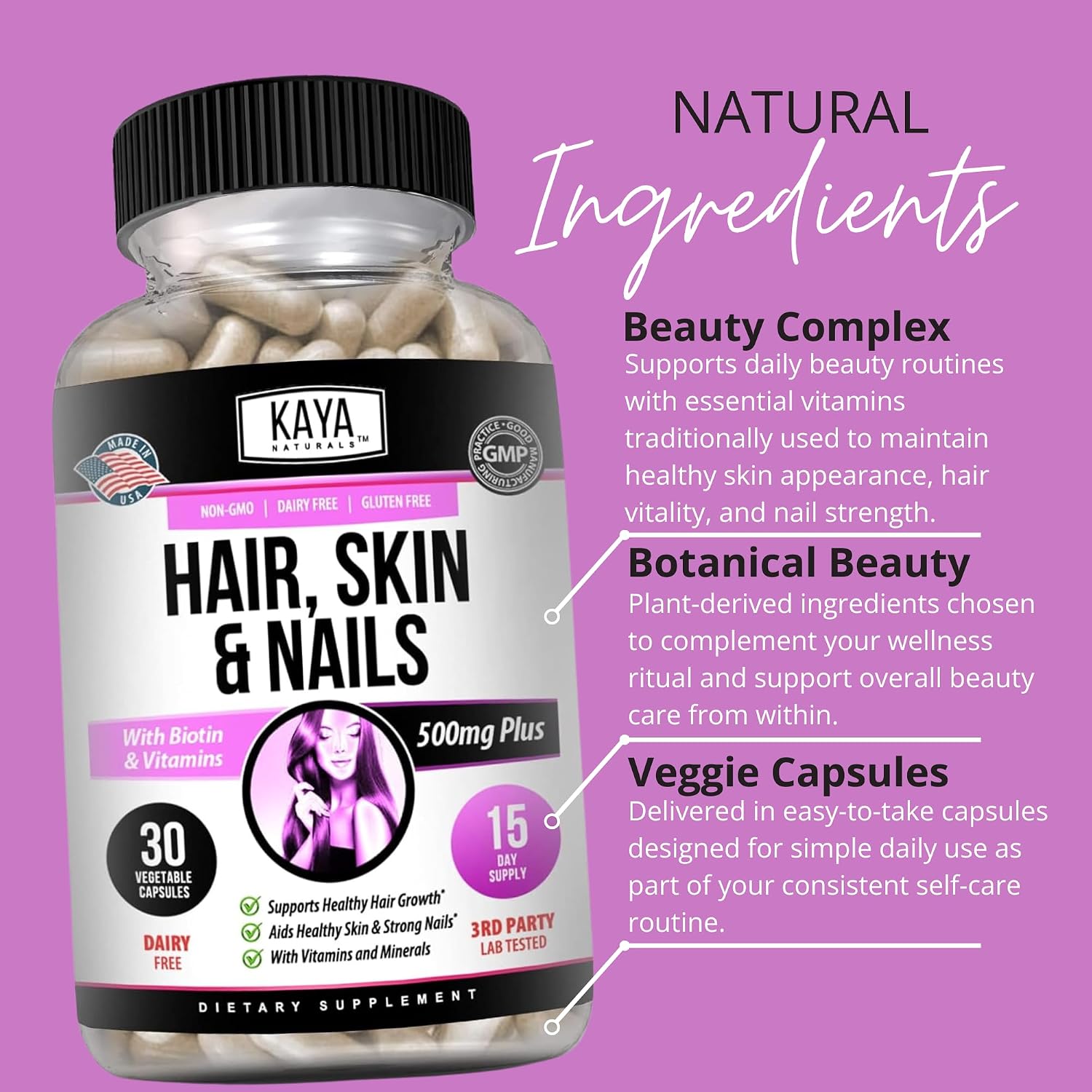 Kaya Naturals Cápsulas para Cabello, Piel y Uñas con Biotina - 30 Cápsulas