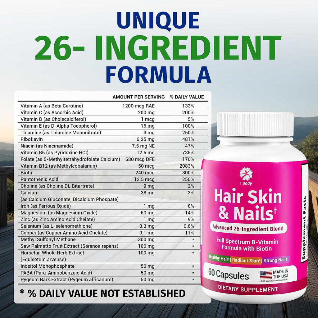 1 Body Hair, Skin, & Nails with Biotin, Vegan Vitamins, 60 Capsules