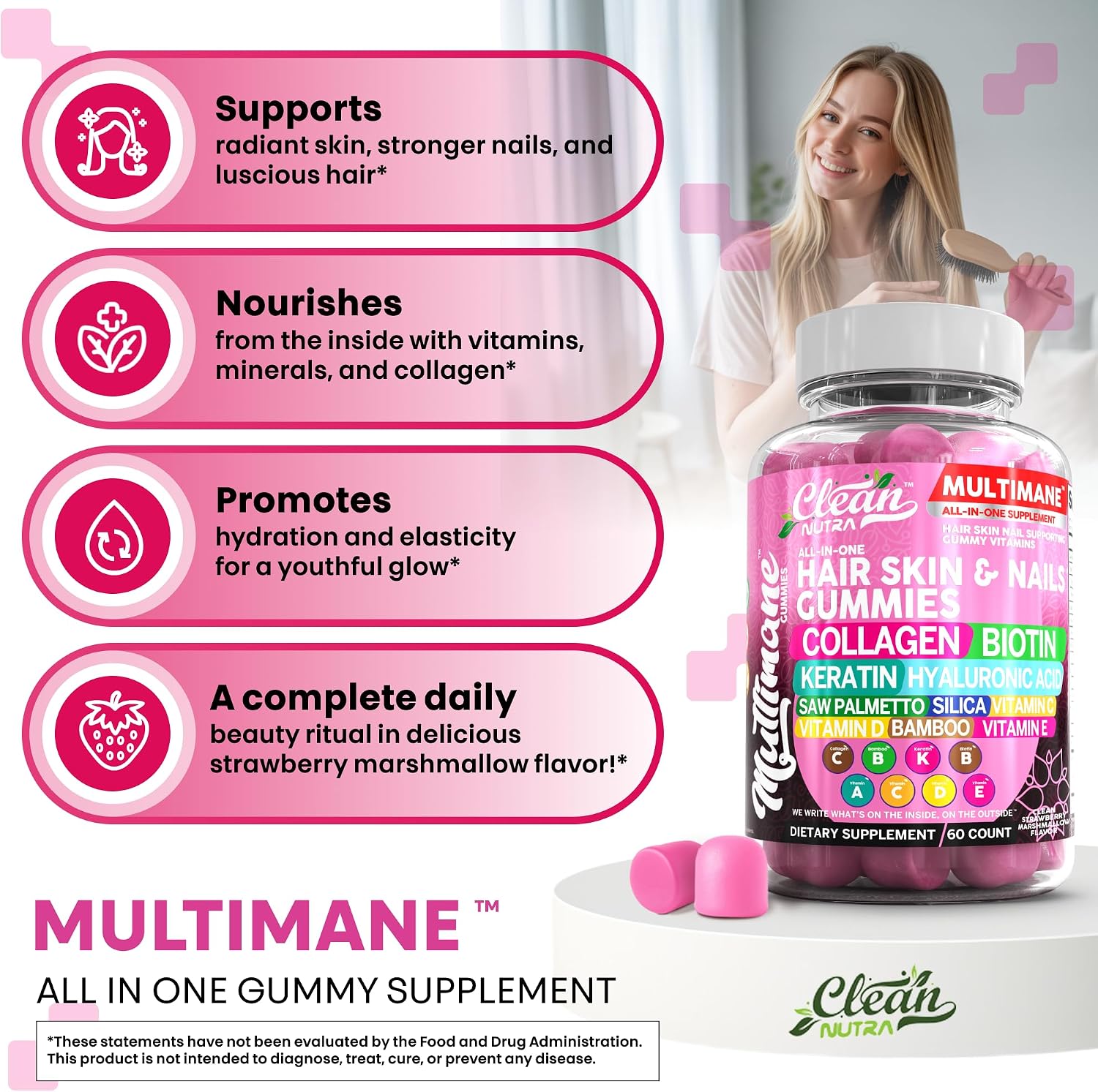 Clean Nutraceuticals Gominolas de Biotina, Colágeno y Queratina | Vitaminas para el Cabello, Piel y Uñas | con Ácido Hialurónico, Bambú, Vitamina A C D3 E, Folato, Saw Palmetto, Sílice, B3, B12 | Vegano