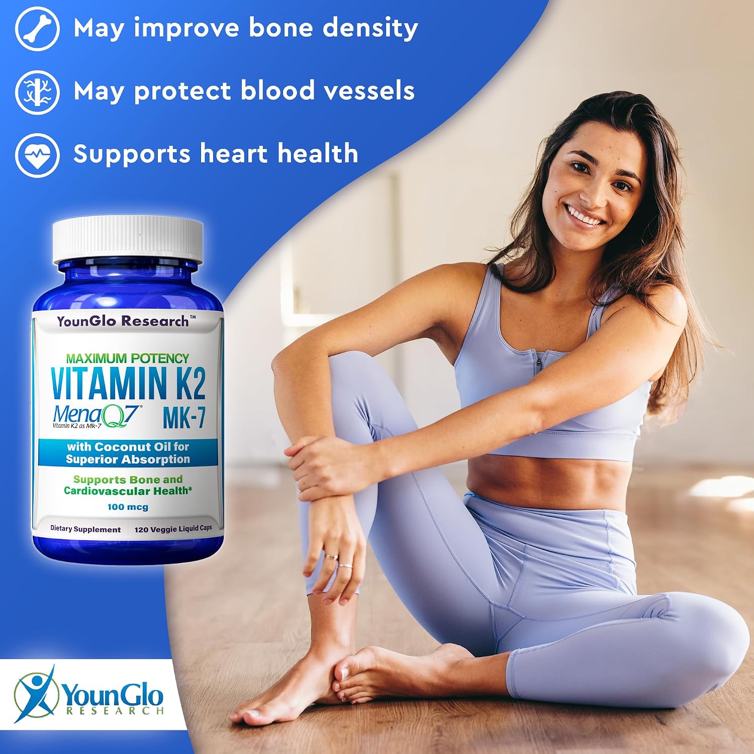 Vitamina K2 MK7 (MenaQ7) 100 mcg con Aceite de Coco - 120 Cápsulas Veganas