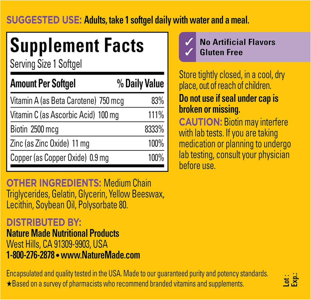 Nature Made Biotin 2500 mcg for Hair, Skin & Nails - 120 Softgels