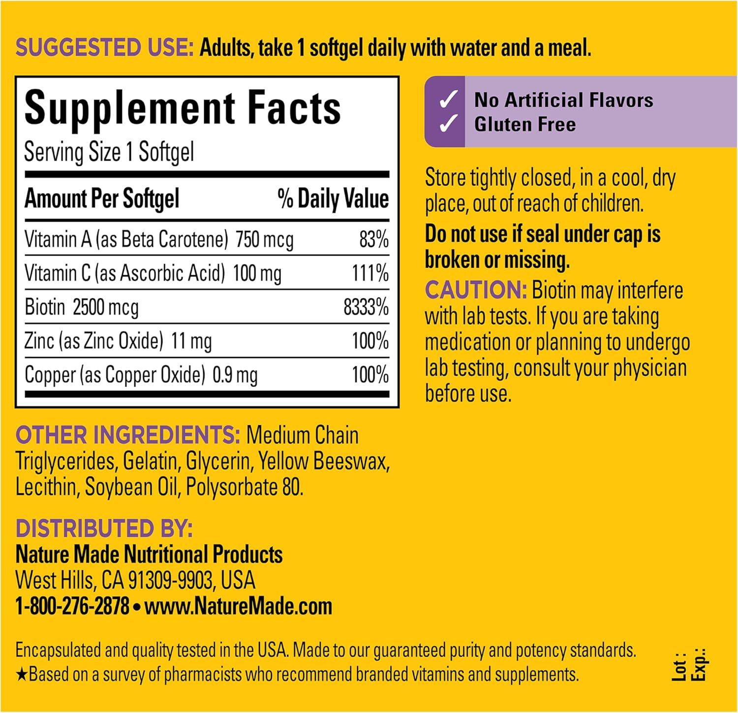 Nature Made Biotin 2500 mcg for Hair, Skin & Nails - 120 Softgels
