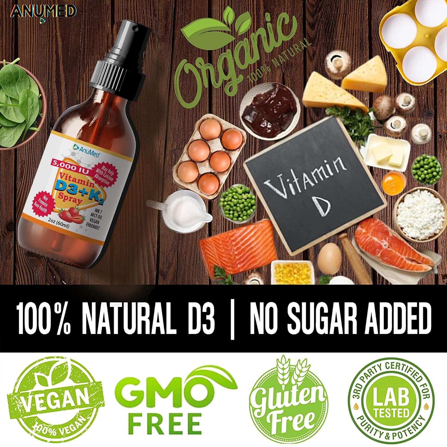 Vitamin D3 K2 5,000 IU Liquid Spray with Organic MCT Oil, Vitamin A (Retinol) 1250mcg, K2 (MK4, MK7) Promotes Heart, Bones, Immune System. 100% Vegan, Non-GMO, No Sugar Added (2oz) (Strawberry)
