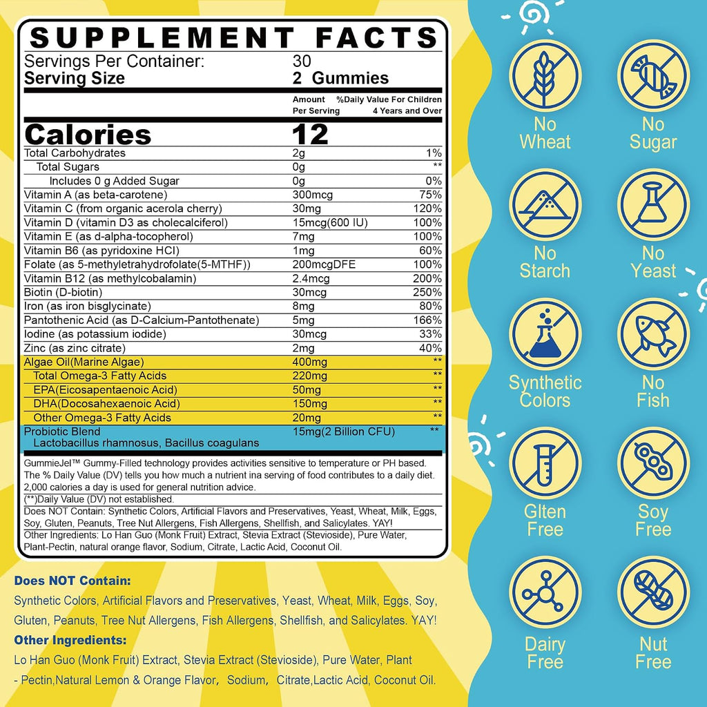 (2 Pack) Multivitamínico Infantil con Hierro, Sin Azúcar, Gomitas con Omega-3, Probióticos, Vitaminas A, C, D, B12, Zinc - Nextdia