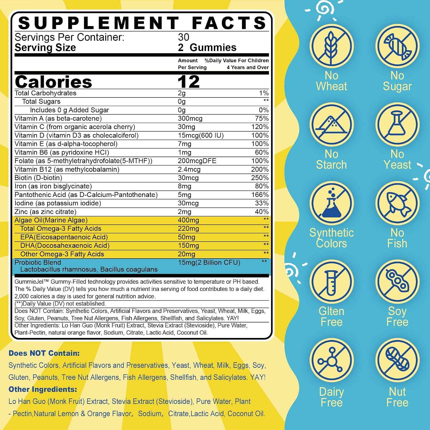 (2 Pack) Multivitamínico Infantil con Hierro, Sin Azúcar, Gomitas con Omega-3, Probióticos, Vitaminas A, C, D, B12, Zinc - Nextdia