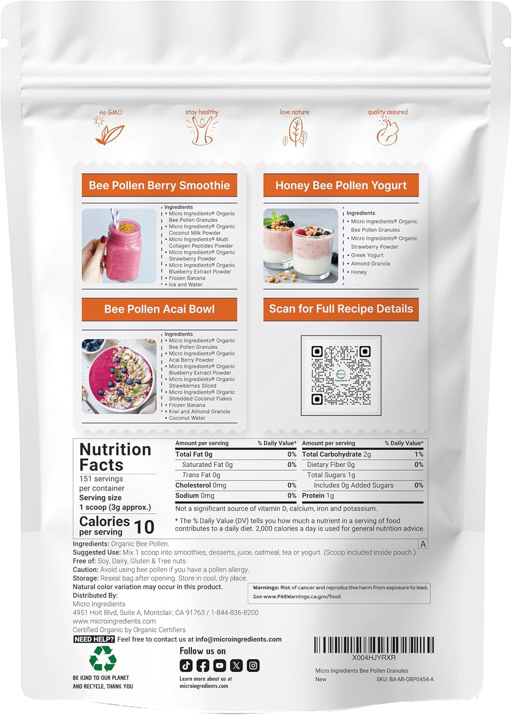 Micro Ingredients Polen de Abeja Orgánico en Gránulos - 1 Libra (454 g)