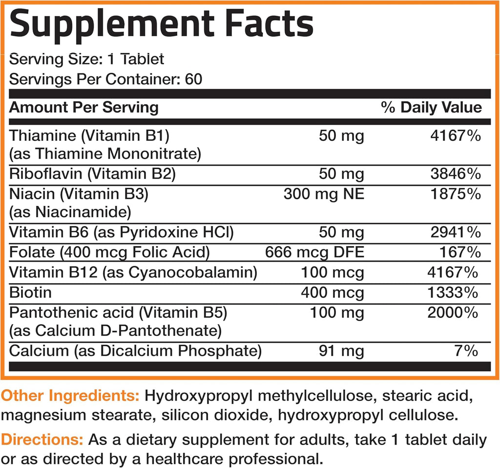 Bronson Super B Complejo B de Vitaminas con Liberación Sostenida (Vitamina B1, B2, B3, B6, B9 - Ácido Fólico, B12) Contiene Todas las Vitaminas B, 60 Comprimidos