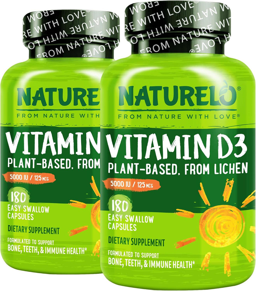 NATURELO Vitamina D3 5000 UI - Vegana a base de Liquen - 180 Cápsulas