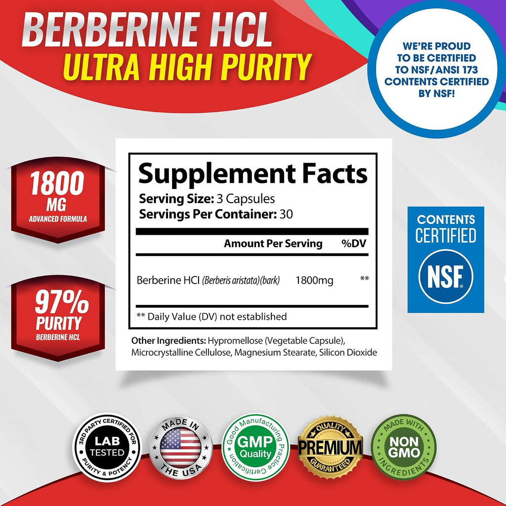 Toplux Berberine 1800mg - Berberina HCL 97% Pureza - 90 Cápsulas Veganas