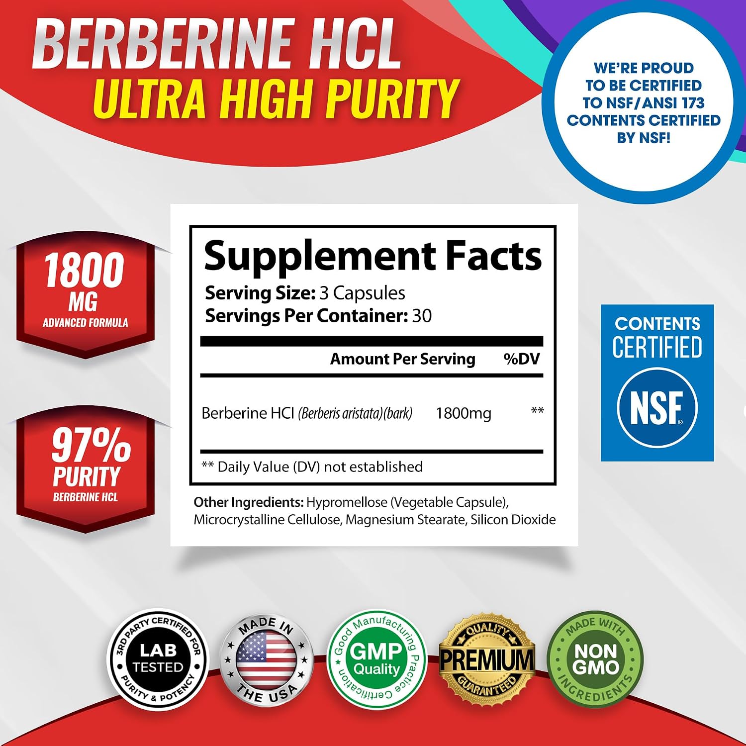 Toplux Berberine 1800mg - Berberina HCL 97% Pureza - 90 Cápsulas Veganas