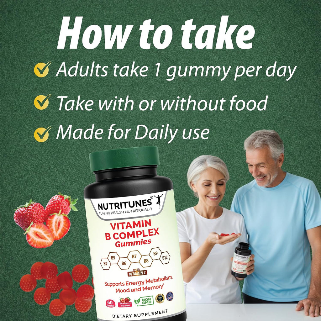 Complejo B en Gominolas - Alta Potencia con Metil B12, Folato, Biotina y Vitamina C - Vegano, Sin Gluten - 60 Gominolas