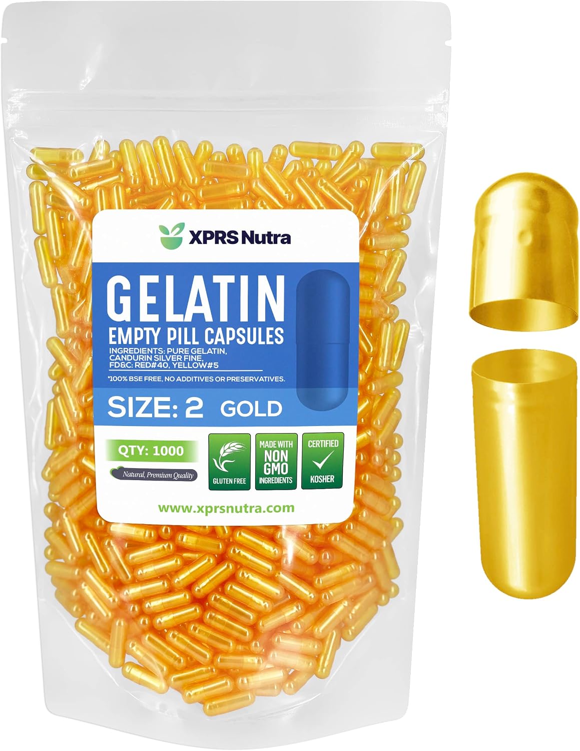 XPRS Nutra Cápsulas Vacías de Gelatina Tamaño 2 - 1000 Unidades (Dorado)