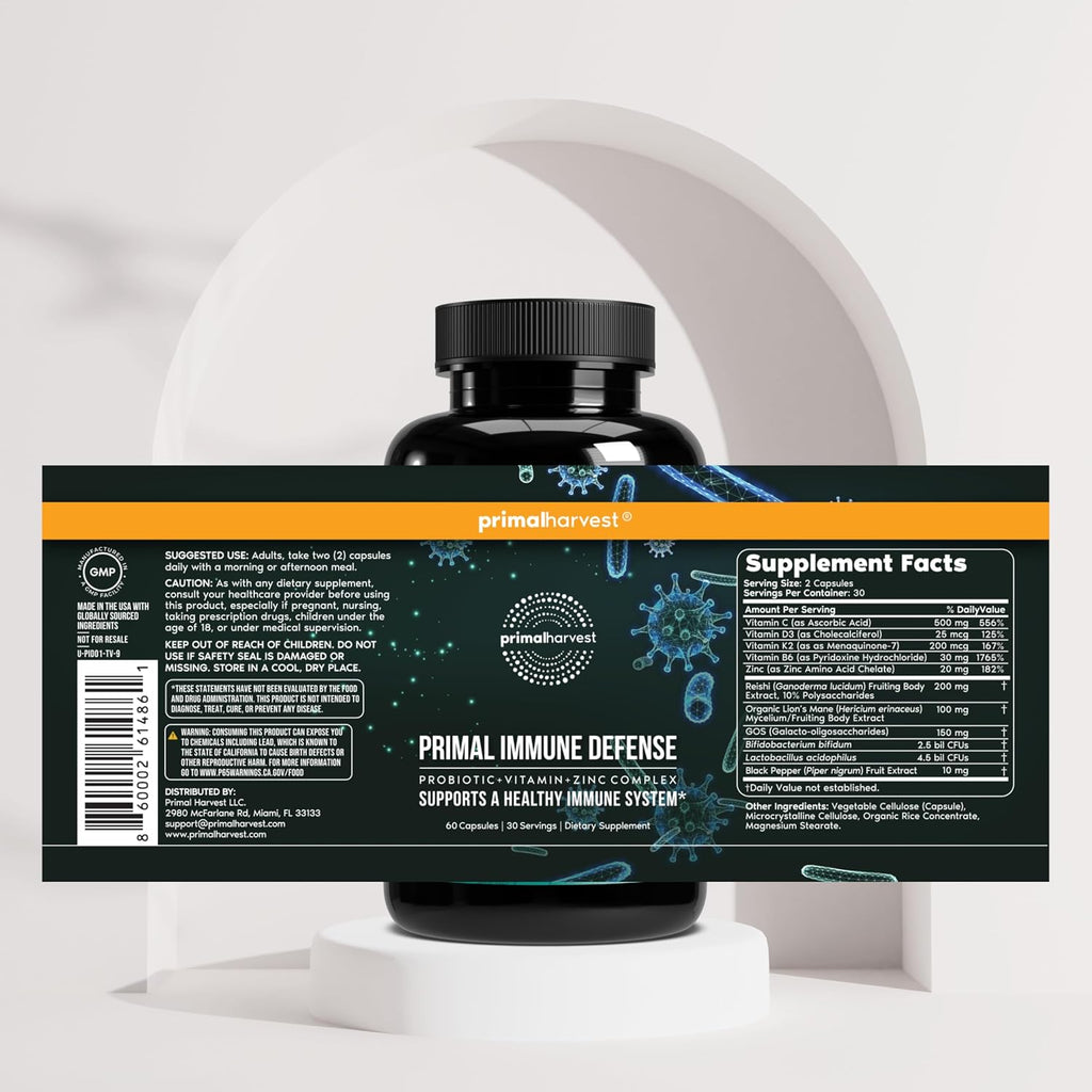 Primal Harvest Primal Immune Defense: 10-en-1 Apoyo Inmunitario con Probióticos, Zinc, Vitaminas C, B6, D3 y K2 - 60 Cápsulas (Pack de 2)