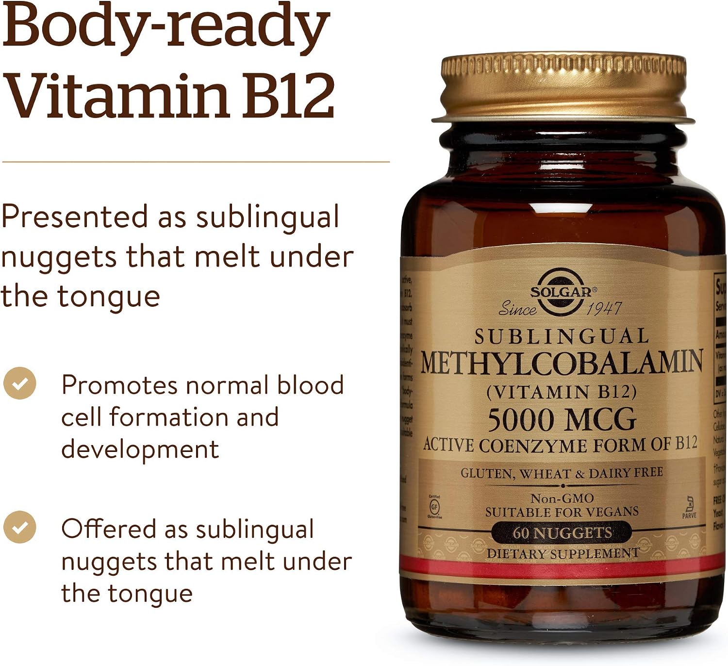 Solgar Methylcobalamin (Vitamina B12) 5000 mcg, 60 Nuggets - Sabor Cereza - Apoya el Metabolismo Energético - Forma Activa - No GMO, Vegano, Sin Gluten