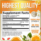 Vitamin C 1000mg con Rosa Mosqueta y Bioflavonoides – Suplemento Masticable Sin Azúcar