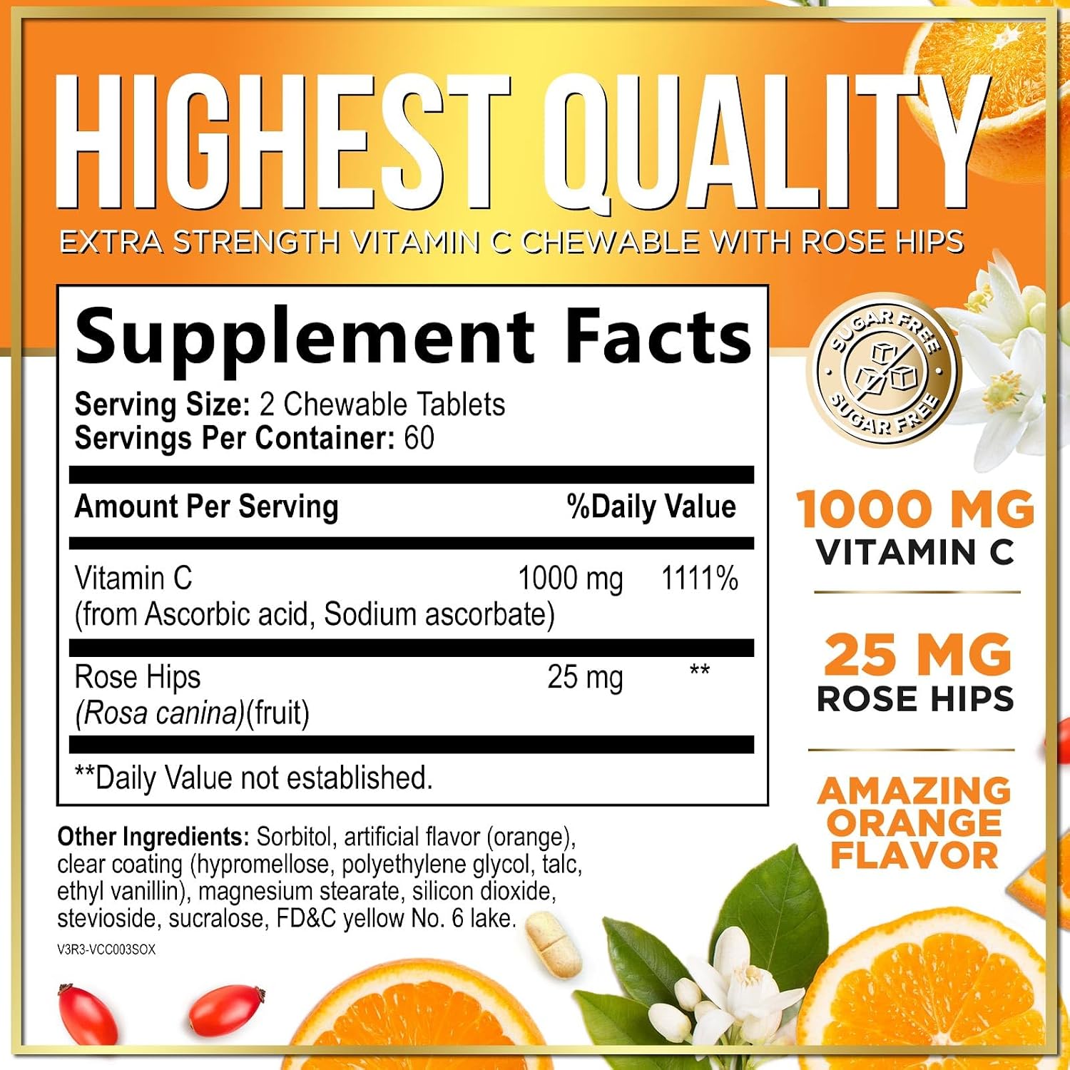 Vitamin C 1000mg con Rosa Mosqueta y Bioflavonoides – Suplemento Masticable Sin Azúcar