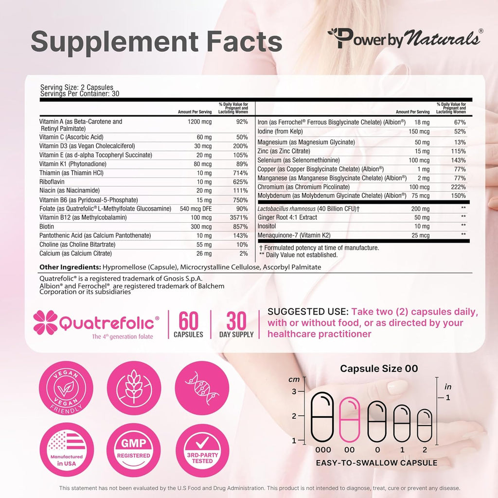 Power By Naturals Methyl Prenatal con Probióticos – Vitaminas prenatales con hierro, metilfolato, B12 y 28 nutrientes y botánicos – Vegano, sin gluten – 60 cápsulas (1 mes)
