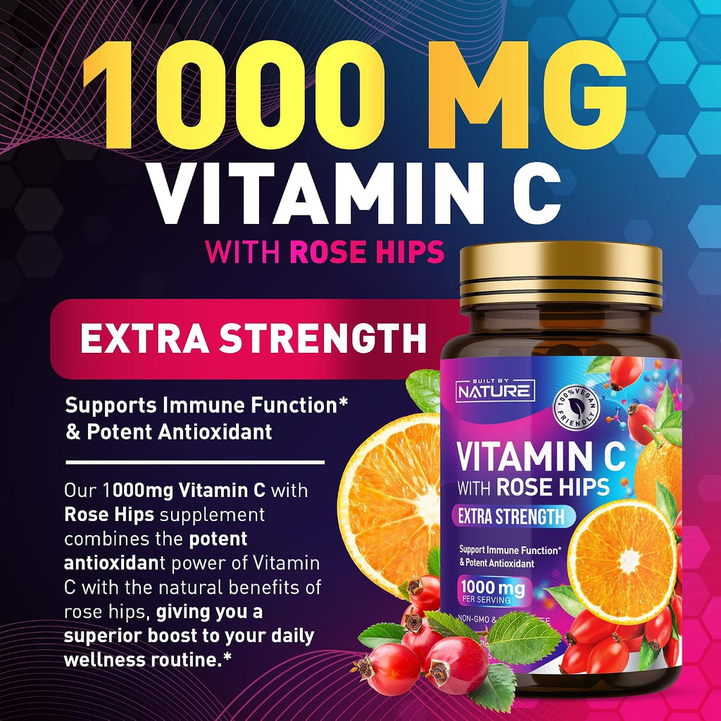 Built by Nature Vitamina C Masticable con Escaramujo - 1000 mg - Sabor Naranja - 60 Comprimidos