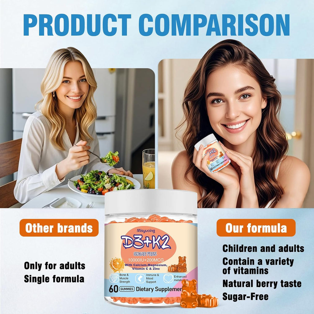 Vitamin D3 K2 Gummies, Vitamina D3 10000 UI con K2 200 mcg, Vitamina C, Calcio, Magnesio, Zinc, Apoyo para Huesos, Articulaciones, Músculos, Nervios y Sistema Inmunológico (60, Naranja, Sin Azúcar)