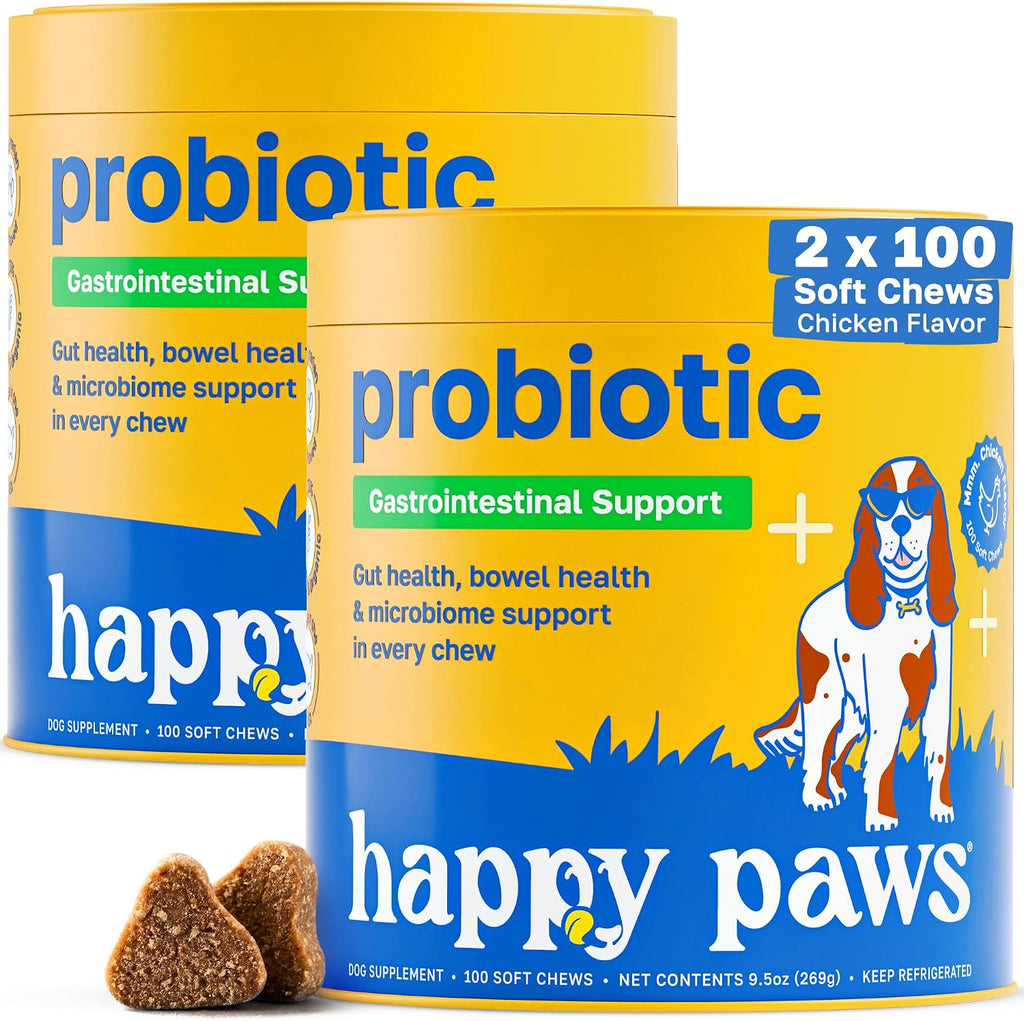 Happy Paws Probióticos para Perros, Apoyo Digestivo, Salud de Piel y Pelaje, con Aceite de Coco y Vitamina E, Sabor a Pollo Vegano, 200 Masticables Blandos