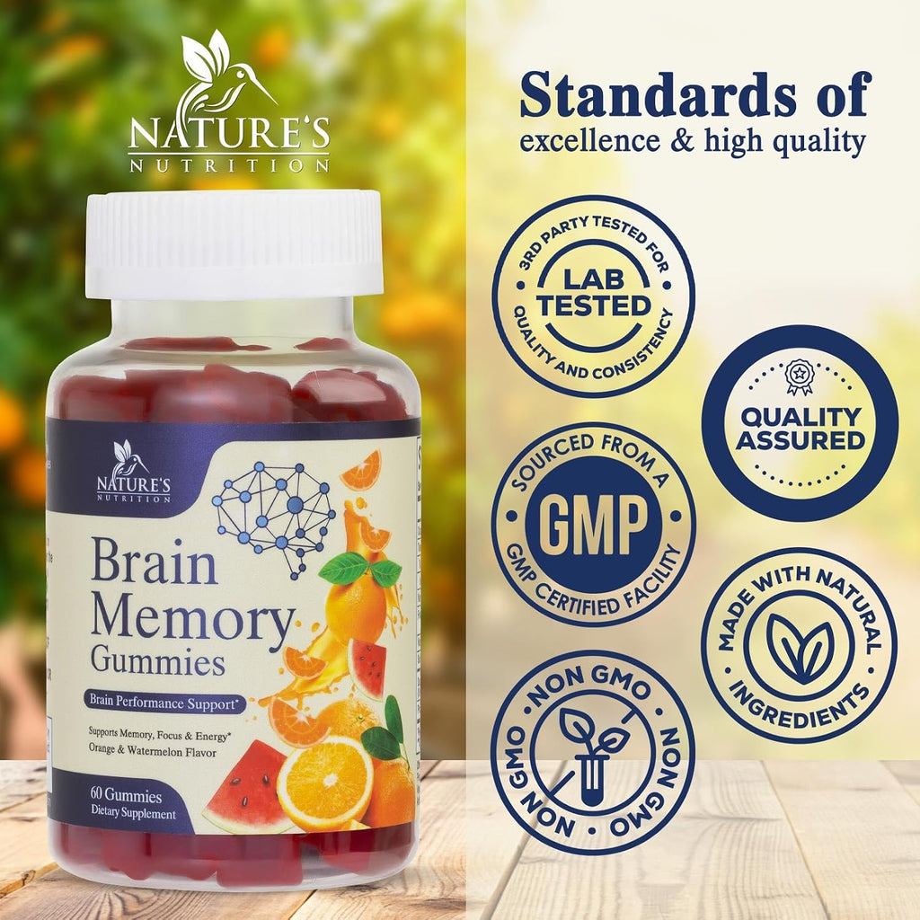 Nature's Nutrition Gominolas para el Cerebro - 3X Fuerza con Fosfatidilserina, B6, B12 y Nootrópicos para Memoria, Enfoque y Concentración - 60 Gominolas