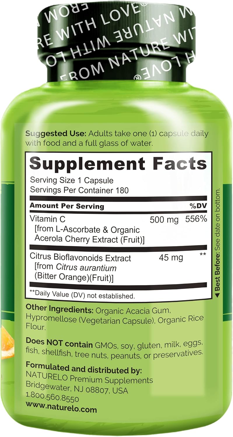 NATURELO Vitamina C con Acerola Ecológica y Bioflavonoides Cítricos - 500 mg por Cápsula - 180 Cápsulas
