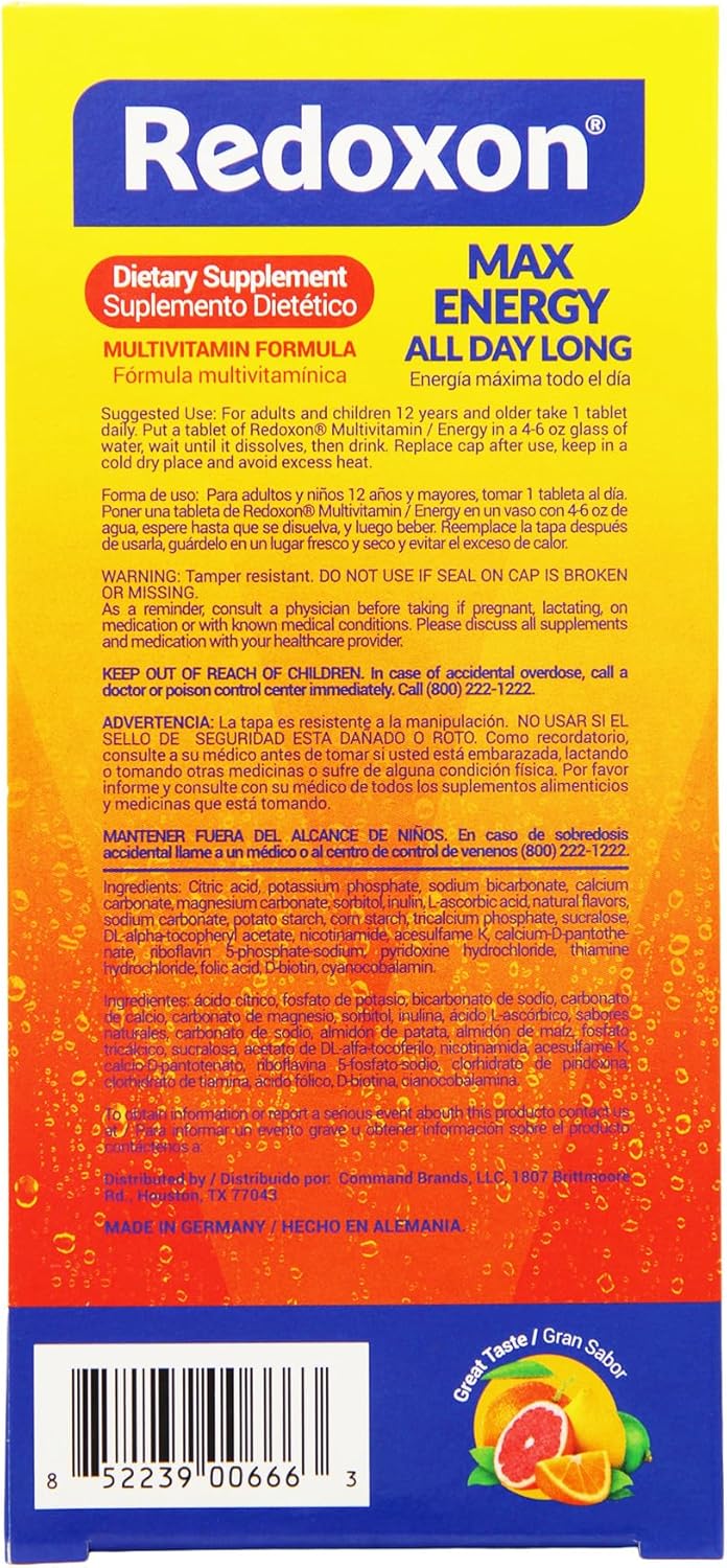 Redoxon Max Energy, Ayuda a Apoyar el Sistema Inmunitario, Sabor Naranja, 20 Comprimidos Efervescentes