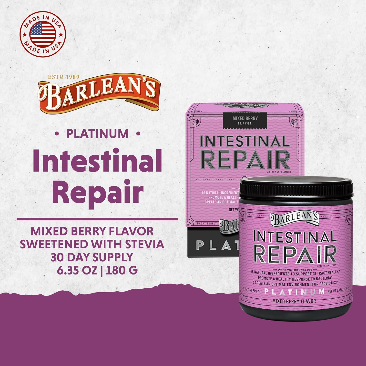 Barlean's Polvo de Salud Intestinal, Mezcla de Fibras y Apoyo Digestivo, Sabor Bayas Mixtas, 180g
