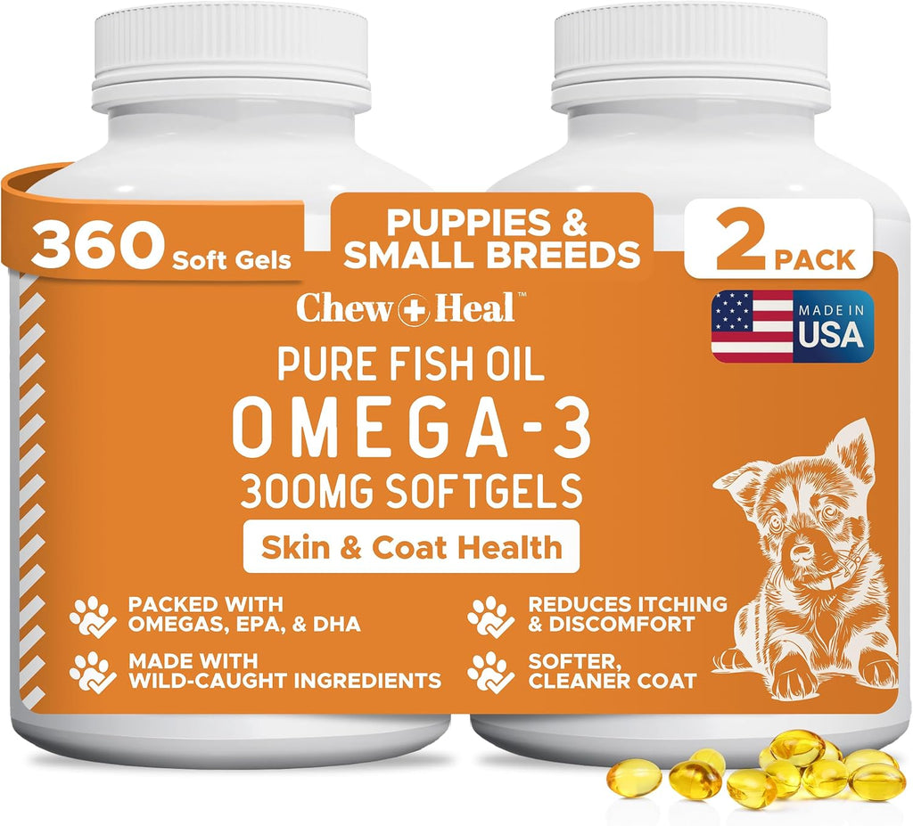 Chew + Heal Labs Aceite de Pescado Salvaje Omega 3 para Perros - 360 Mini Cápsulas Blandas de 300mg para Piel y Pelo Saludables