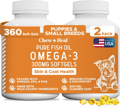 Chew + Heal Labs Aceite de Pescado Salvaje Omega 3 para Perros - 360 Mini Cápsulas Blandas de 300mg para Piel y Pelo – Image 1