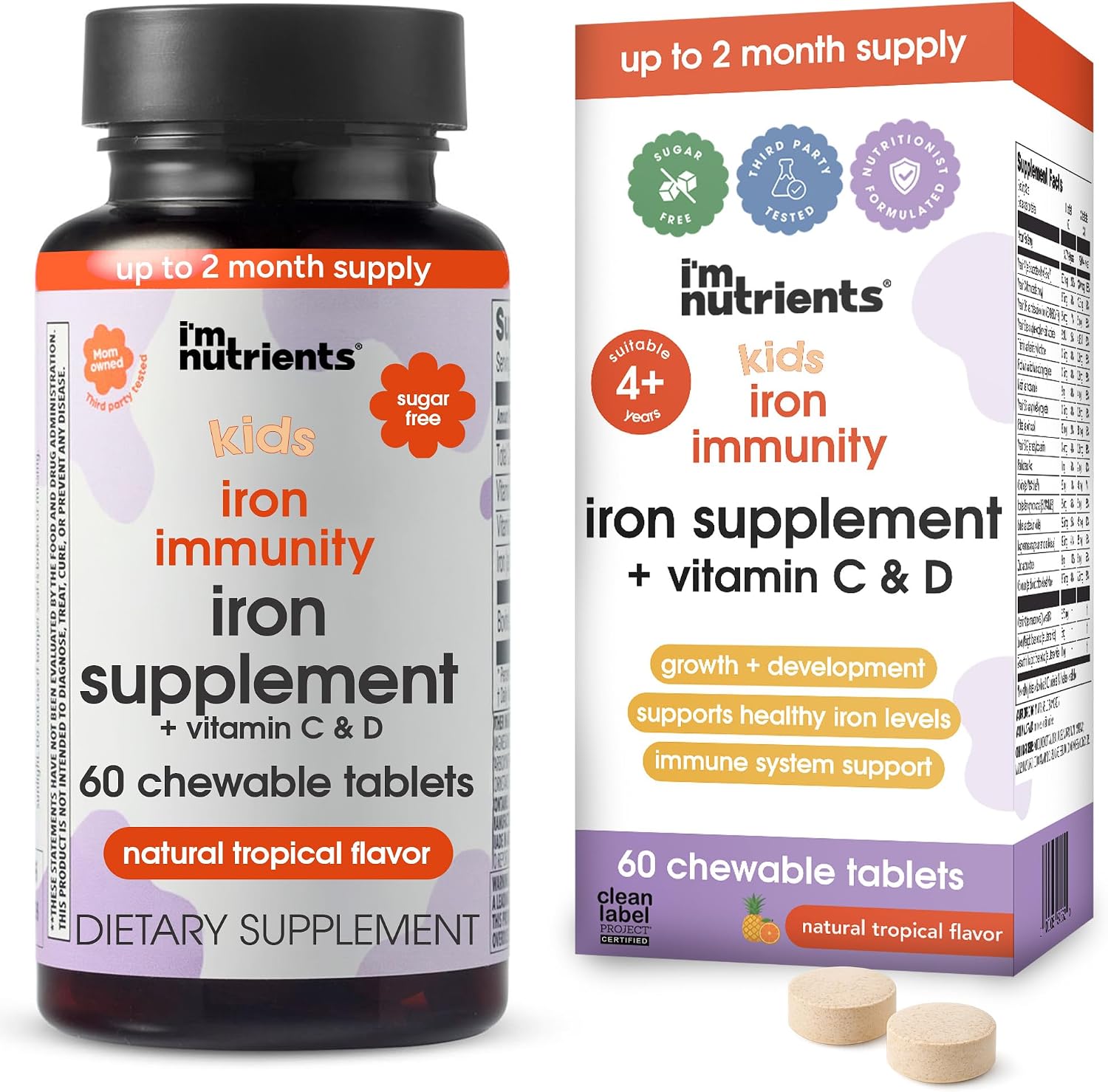 I'm Nutrients Iron Immunity | Hierro para Niños con Vitamina C y D3 | 60 Comprimidos Masticables
