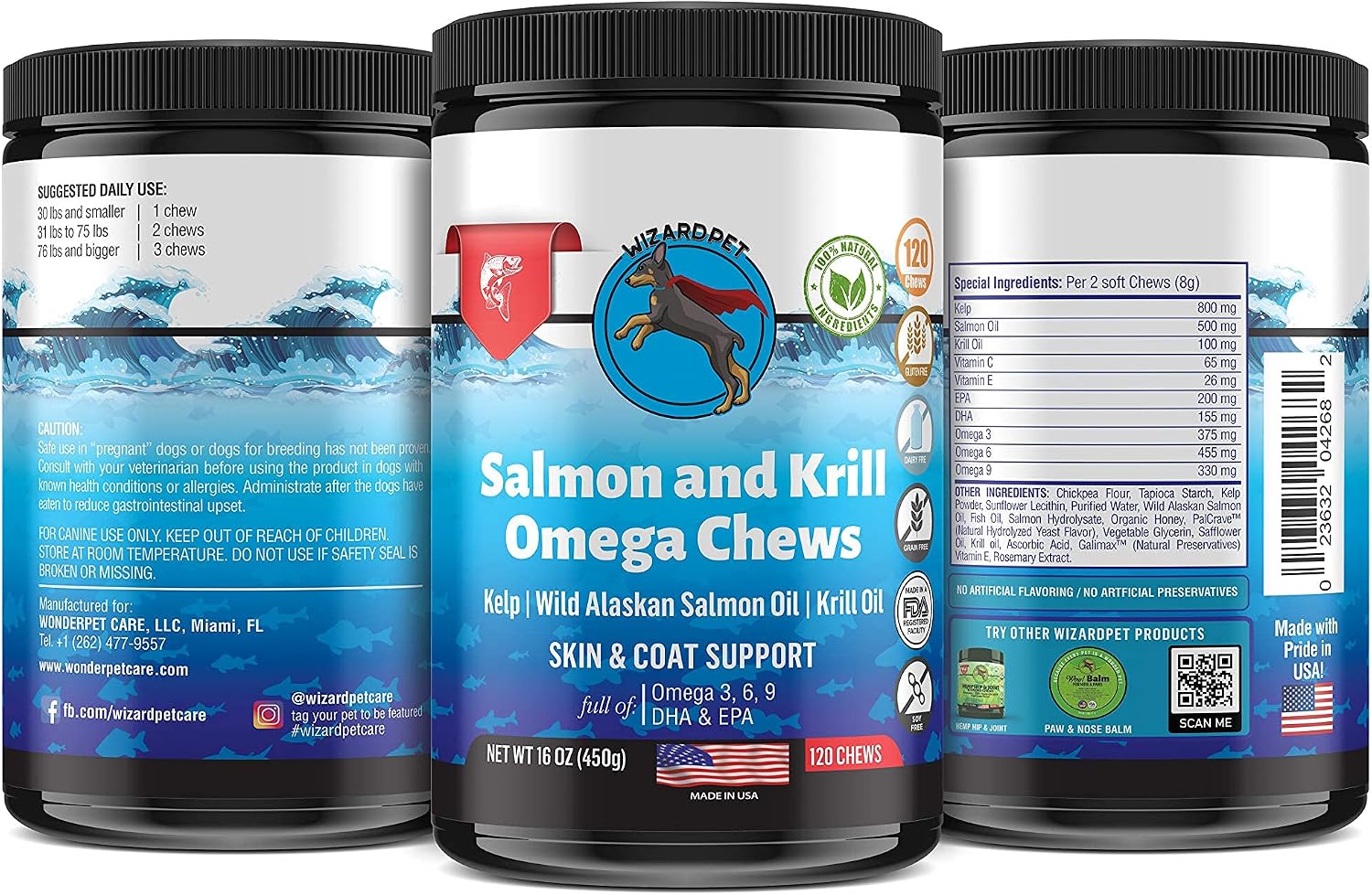 WIZARDPET Masticables Blandos de Aceite de Salmón y Krill para Perros - 120 Unidades - Suplemento de Omega 3, 6 y 9 con EPA y DHA