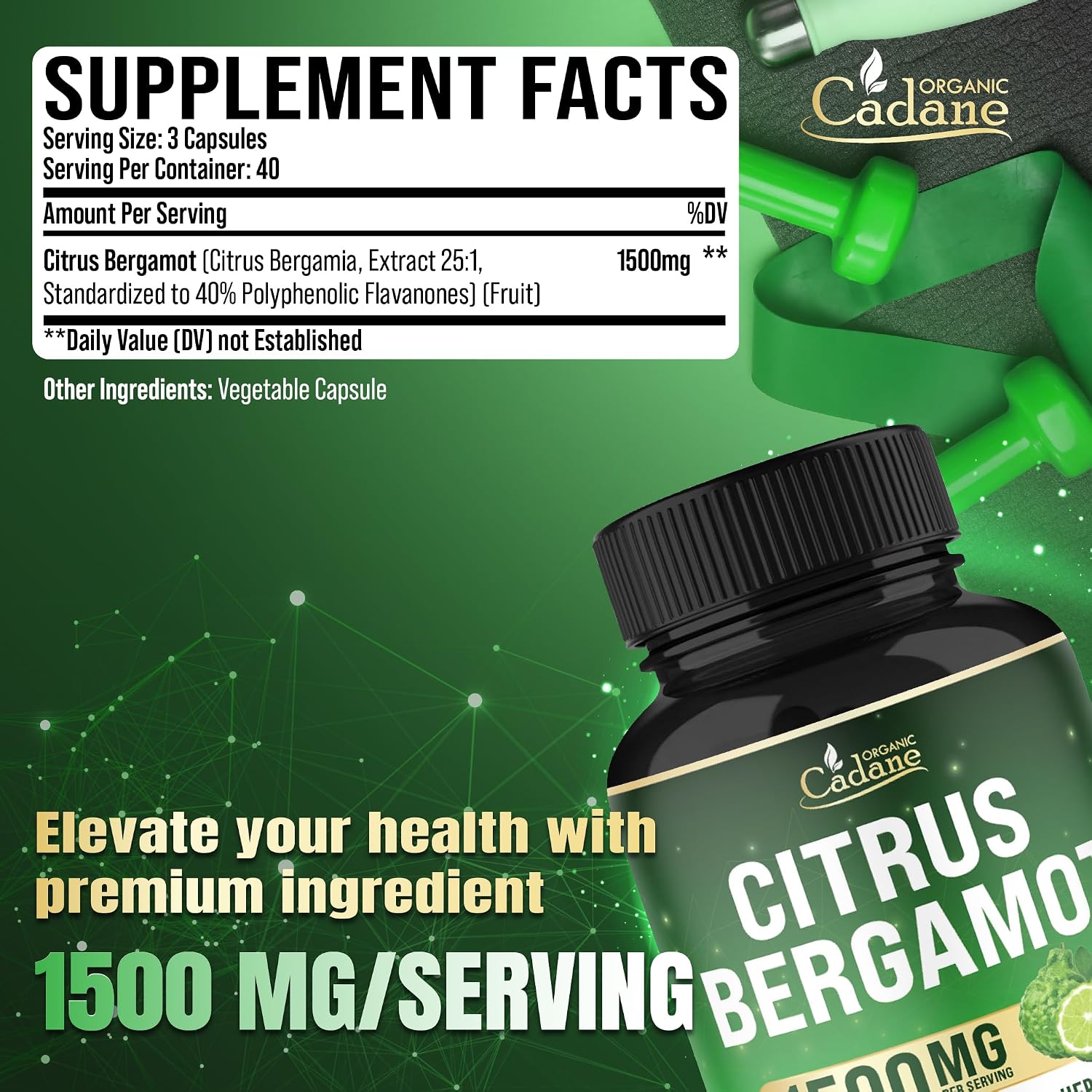 Cadane Citrus Bergamot Supplement | Heart & Immune System | Vegan, Non-GMO – 120 Cápsulas – 40 Días