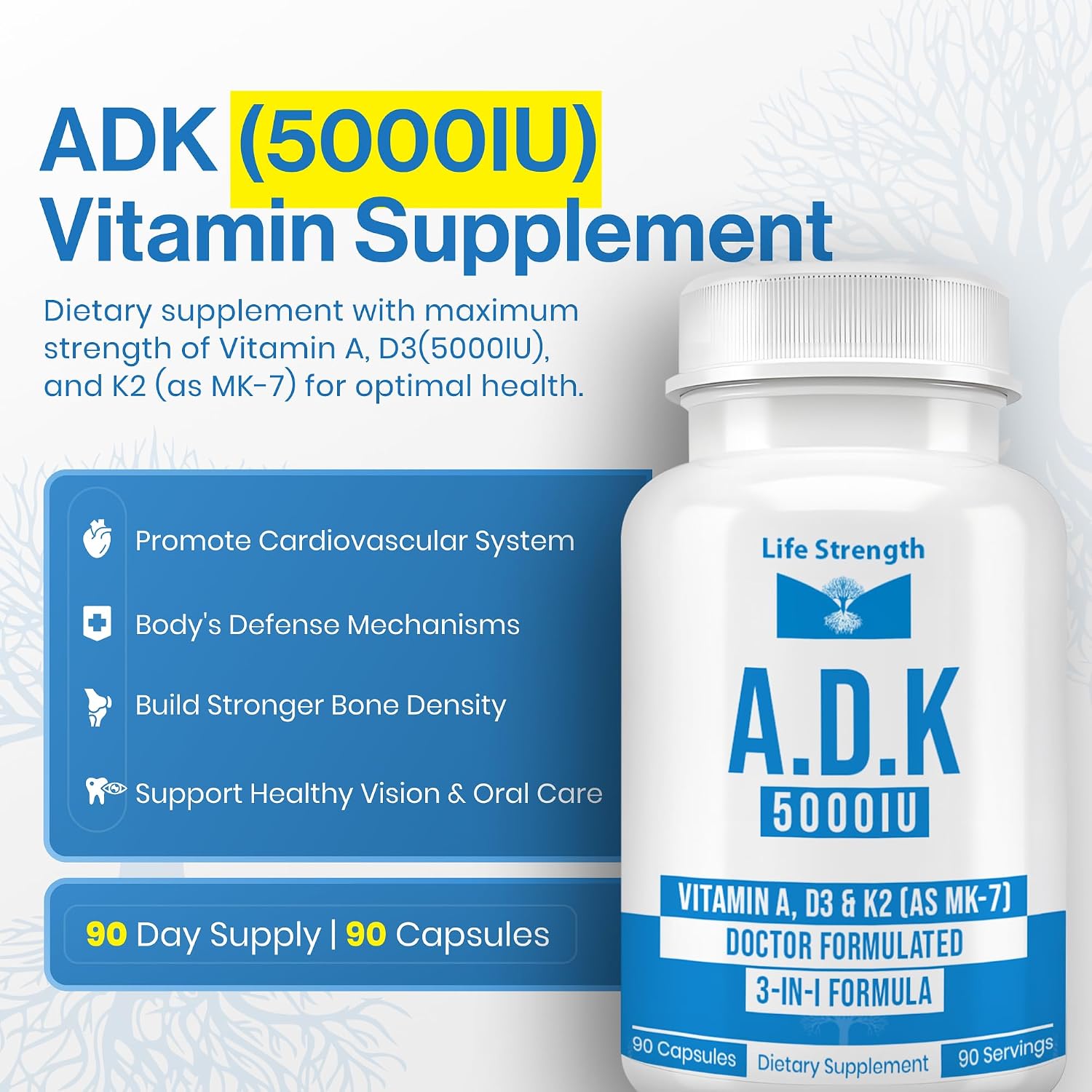 LifeStrength ADK 5 - Suplemento de Vitaminas A, D3 5000 UI y K2 MK-7, 90 Cápsulas