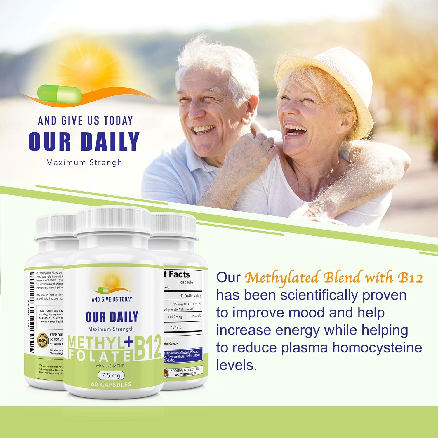 L-Methylfolate 7.5 mg + B12 1000 mcg - Suplemento de Metilfolato Activo con Glicina - 60 Cápsulas