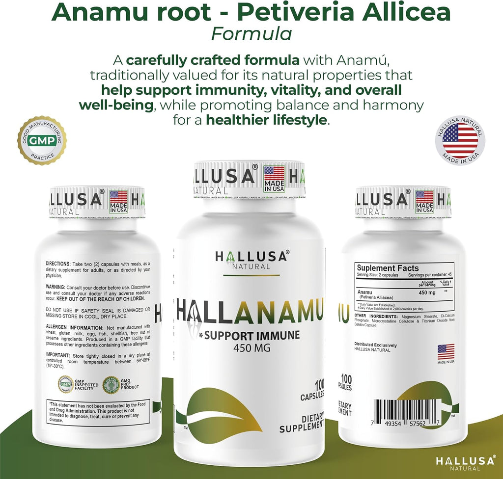 Anamu Orgánico 450 mg - Raíz de Petiveria Alliacea - 100 Cápsulas - Hallusa Natural