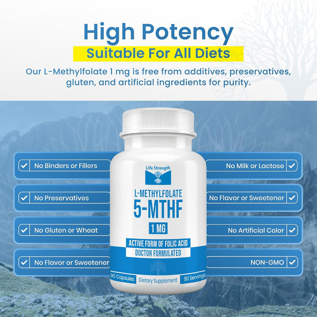 LifeStrength L-Metilfolato 1mg | 180 Cápsulas | Metilfolato Bioactivo 5-MTHF | Vegano, Sin Gluten