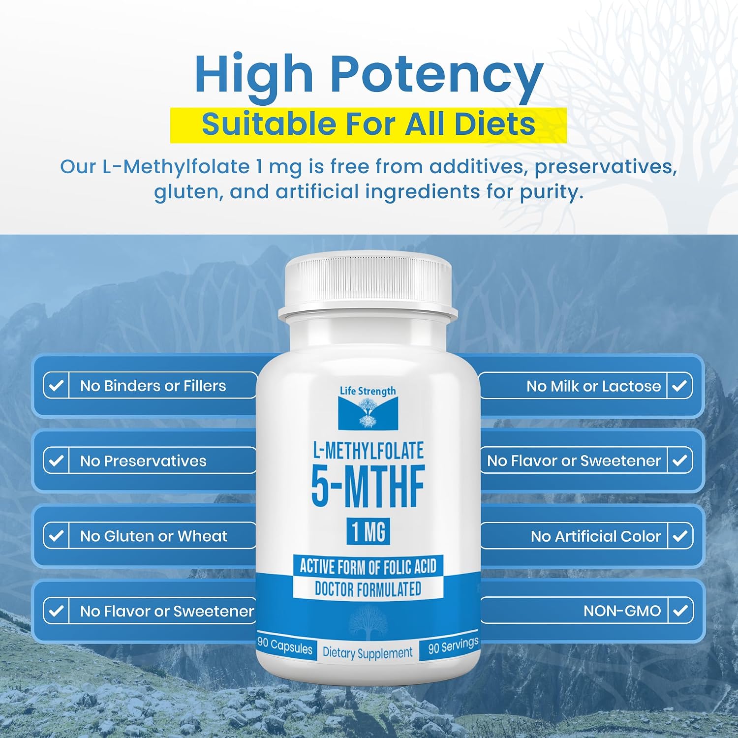LifeStrength L-Metilfolato 1mg | 180 Cápsulas | Metilfolato Bioactivo 5-MTHF | Vegano, Sin Gluten