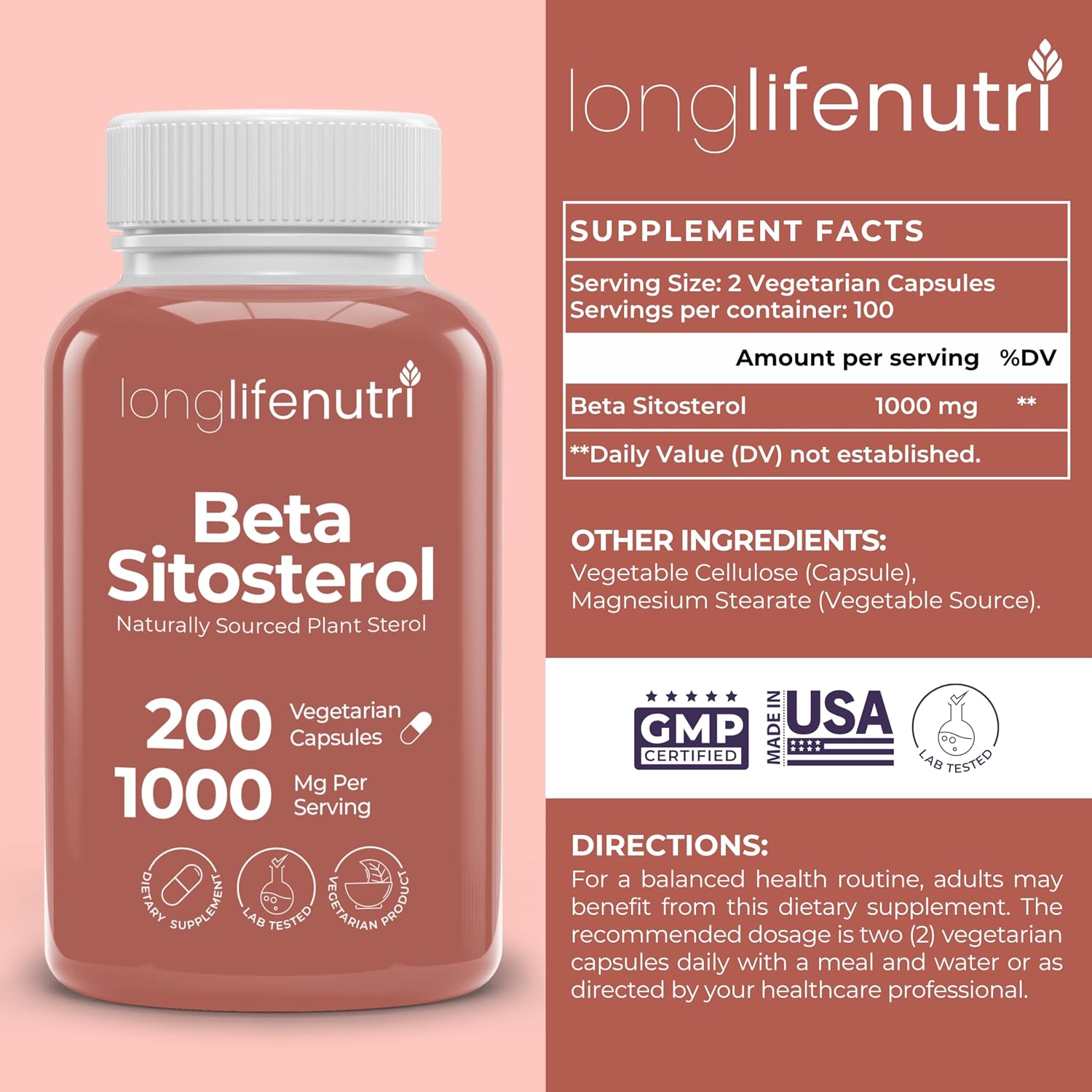 LongLifeNutri Beta Sitosterol 1000mg - Suplemento de Fitoesteroles, 200 Cápsulas Vegetarianas