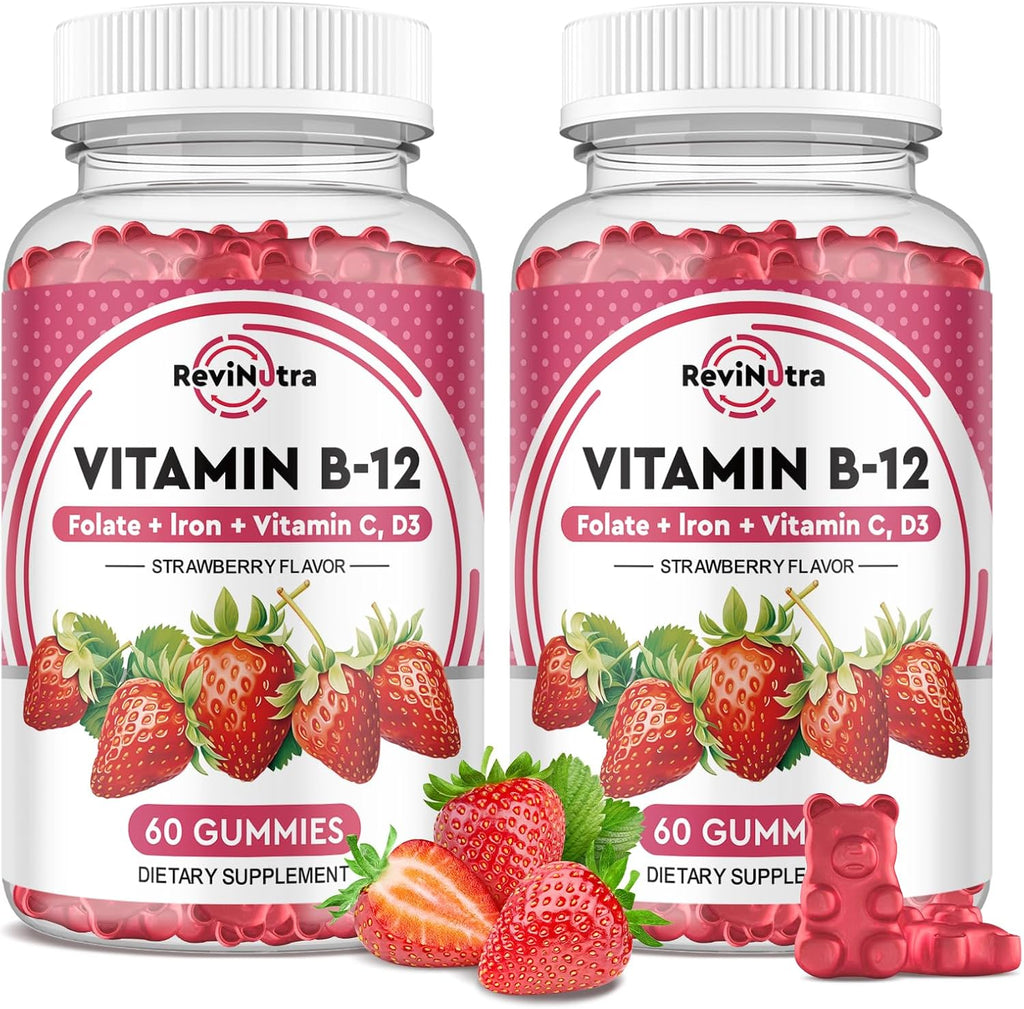 Vitamin B12 Gummies 5000 mcg con Hierro, Vitamina C, D3 y Folato - Complemento Alimenticio en Gominolas Sabor Fresa