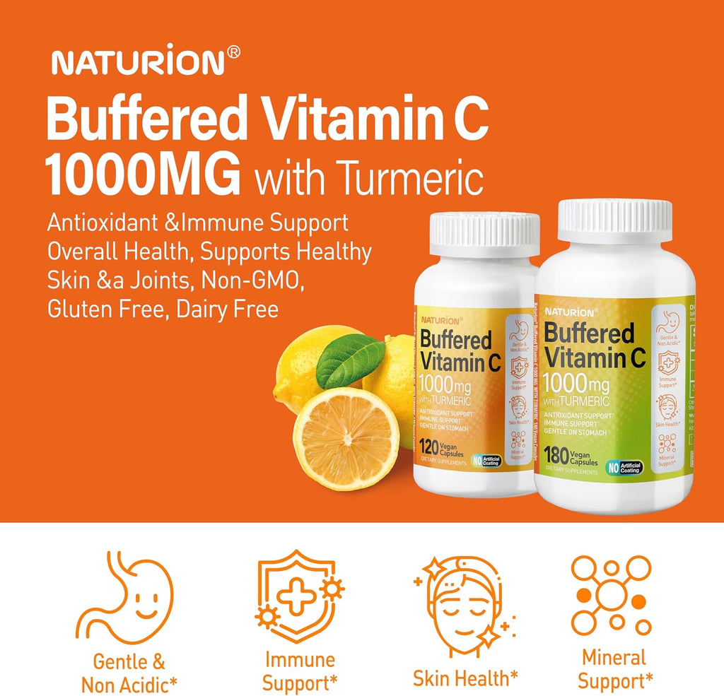 NATURION Vitamina C tamponada 1000 mg con Cúrcuma Orgánica - 180 cápsulas veganas