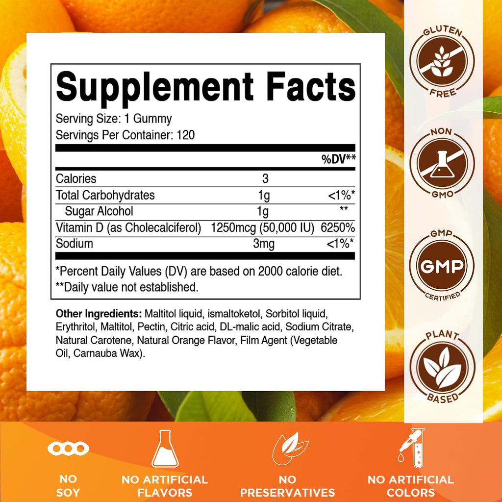 Vitamatic Vitamina D3 50.000 UI Sin Azúcar - 120 Gomitas de Pectina - Suplemento Semanal para Huesos, Dientes y Sistema Inmunológico