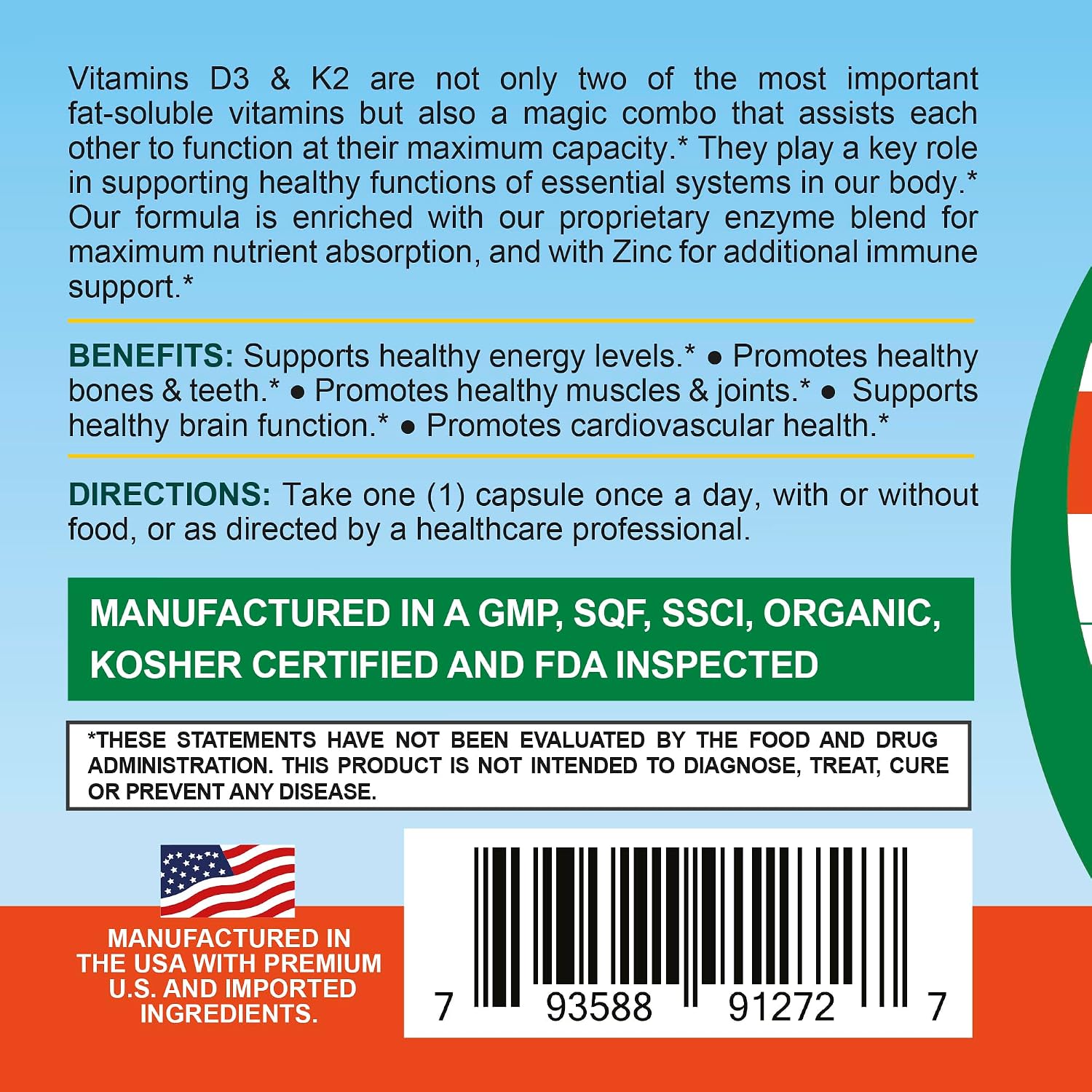 Life Infused Vitamina D3 + K2 con Zinc y Enzimas | 3000 UI D3, MK-7 K2 | 90 Cápsulas