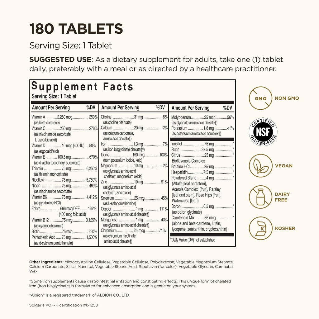 Solgar VM-75, 180 Tablets - Multivitamin with Cheated Minerals