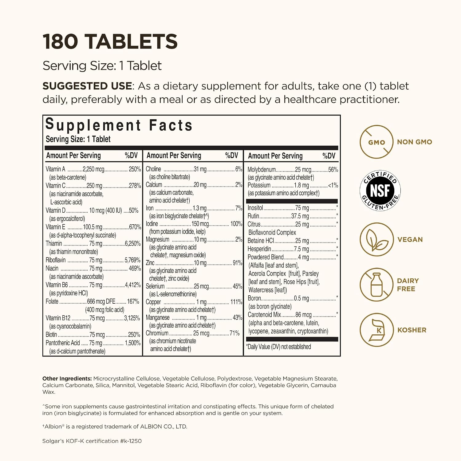 Solgar VM-75, 180 Tablets - Multivitamin with Cheated Minerals