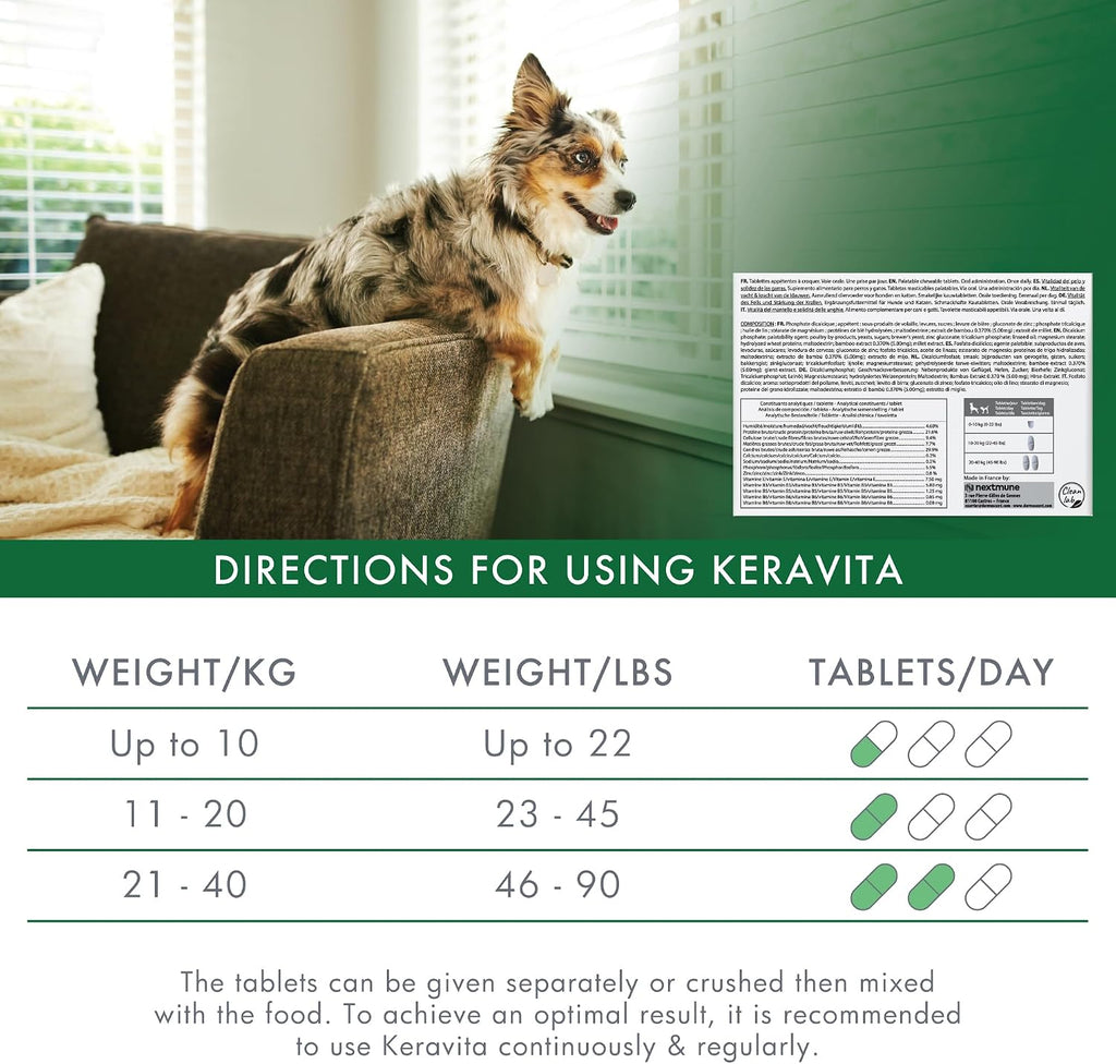 Dermoscent Keravita® Suplemento Alimenticio para la Piel y el Pelaje de Perros y Gatos - 30 Comprimidos Sabor a Pollo